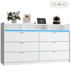 βοΈ 9 Drawer Led Dresser for Bedroom, 58.35'' White Wood Dresser Storage Organizer with Power Outlets for 65'' TV, Dressers with Open Shelves