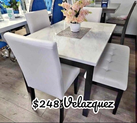 ✅️✅️ 5 pc dark finish wood faux marble top  rectangular dining table set with bench ✅️✅️