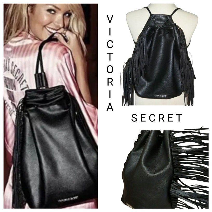 Victoria's Secret Large Black Faux Leather Fringe Drawstring Backpack Tote
Purse. YES! IT'S STILL AVAILABLE