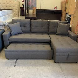 Grey Sectional Sofa Pullout Bed W/ Storage Chaise 89”x 59”