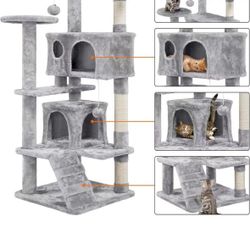 54in Cat Tree Cat Tower w/Scratching Posts, Double Condos and Dangling Balls Kittens Pet House Play, Light Gray