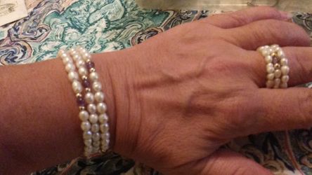 Fresh water pearl 3 row wrap ring and bracelet with gold and amethyst