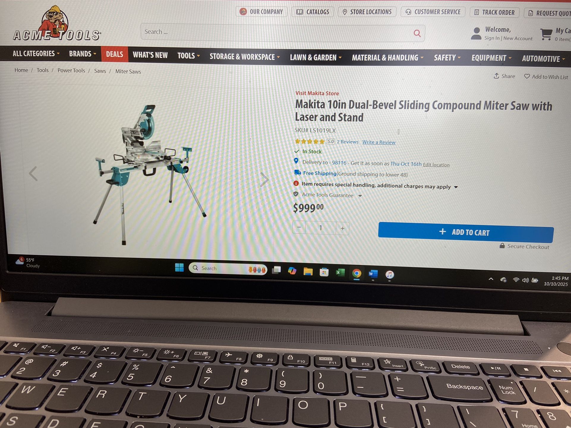 Makita 10” Dual-Bevel Sliding Compound Miter Saw with Laser & Stand