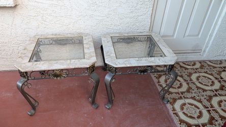 Pair of Wrought Iron & Marble Top End Tables