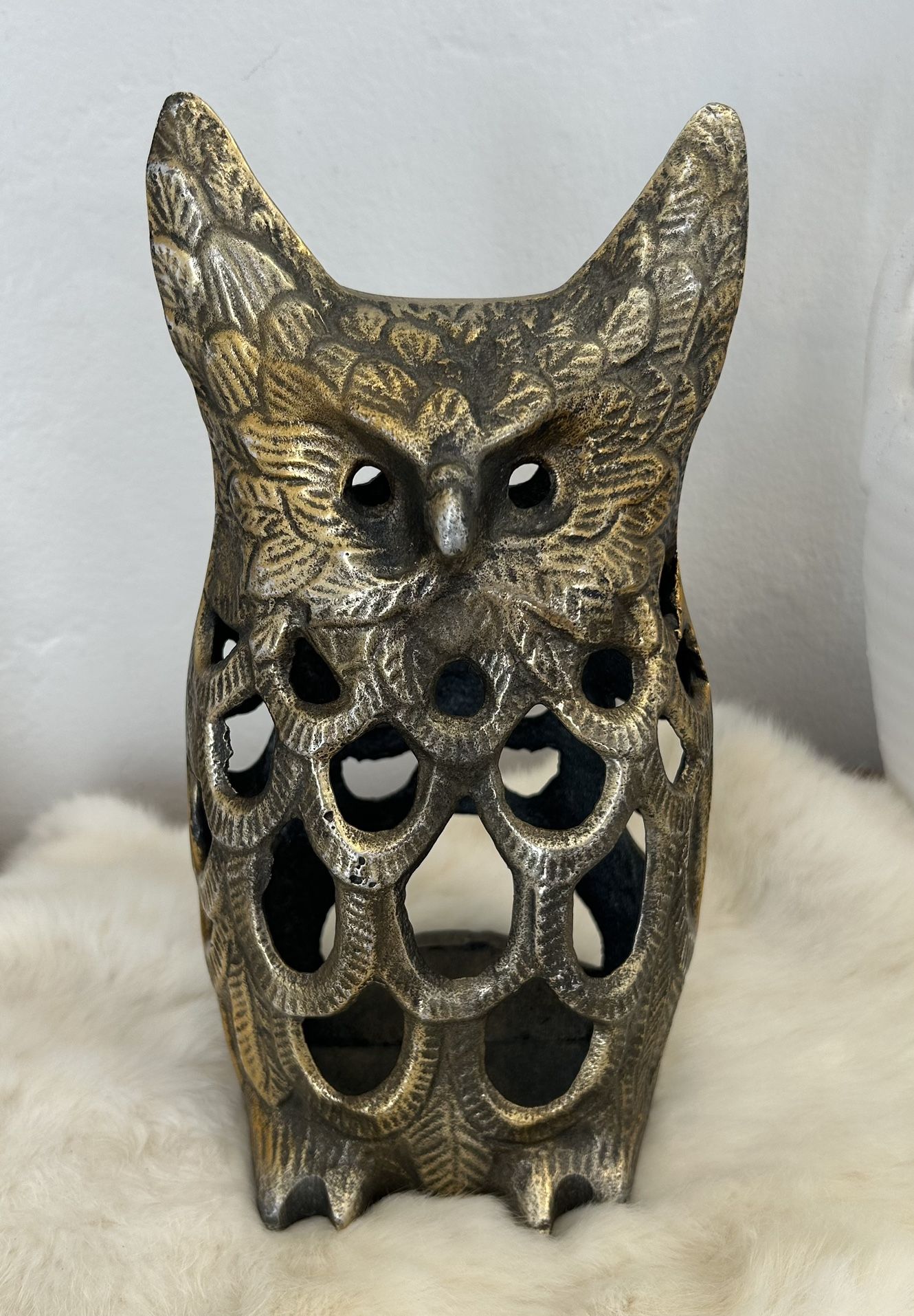 Vintage Large Gold Toned Horned Owl Lantern Cast Iron Japanese Collectible Statue Candle Holder heavy Sculpture Bird Animal