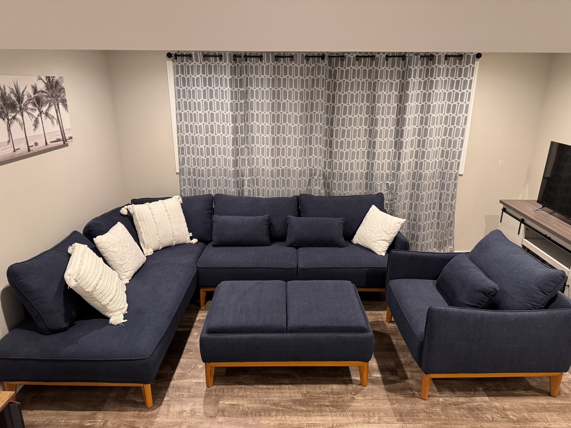 Blue Sectional, Arm Chair And Ottoman With Pillows