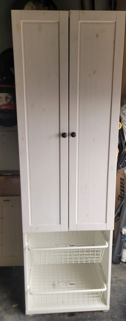 Cabinet Tall White Storage with Wire Baskets