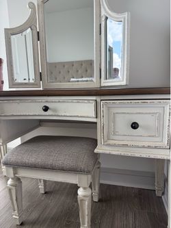 Vintage White Vanity / Dressing Table with Tri-Fold Mirror & Bench