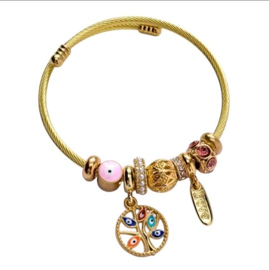 Charm and bracelet cuff bangle Gold Plated  style of Pandora bracelet free size