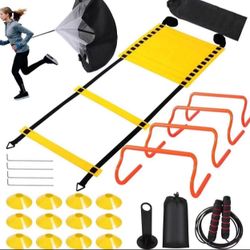 Agility Ladder Speed Training Equipment Set-20ft Agility Ladder,12 Soccer Cones,4 Hurdles, Jump Rope, Running Parachute| Basketball Football Soccer Tr