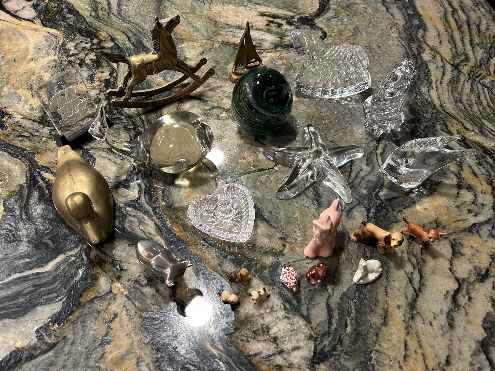glass figurines, brass duck, sailboat, mini porcelain animals, Waterford rocking horse,  prices in description 