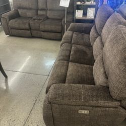 Beautiful Reclining Sofa And Loveseat With Console, Wireless Charging Pad, USB, & Adjustable Headrests 