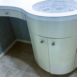 Vtg Mid Century Hollywood Regency Curved Bath Vanity Cabinet & Sink