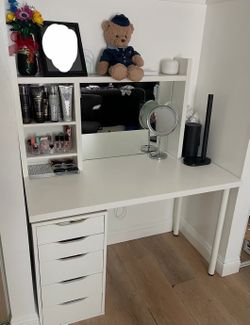IKEA LAGKAPTEN / ALEX Desk + MICKE Add-On Unit + Vanity Mirror – White