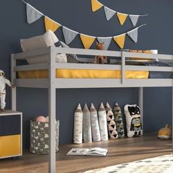 Twin Bed, Twin Loft Bed, No Mattress, Gray Wood