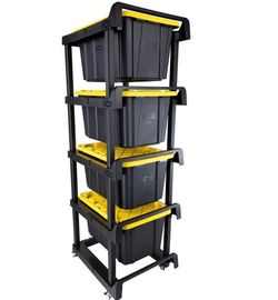 4 Tier Plastic Shelving Tote Stacker with Casters in Black (24.8 in. Wx 78.1 in. H × 29.6 in. D)