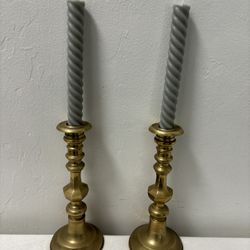 Pair Of Solid Antique Brass Candle Sticks 