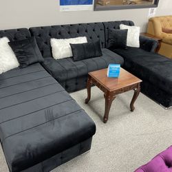 Black Velvet Double Chaise Sectional - Delivery And Financing Available 