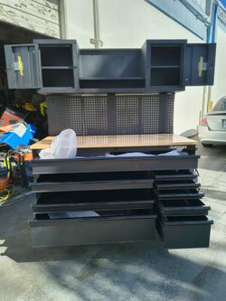 Husky Heavy-Duty 3000 lbs Workbench with Wall Cabinets and Pegboard
