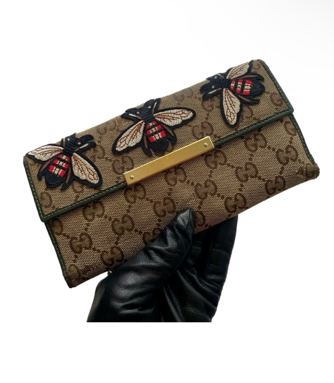 GUCCI GG Monogram Canvas Leather Brown Green Continental Long Wallet