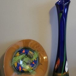 Gorgeous glass art decorations/ tall vase and centerpiece platter.  Signed by artist