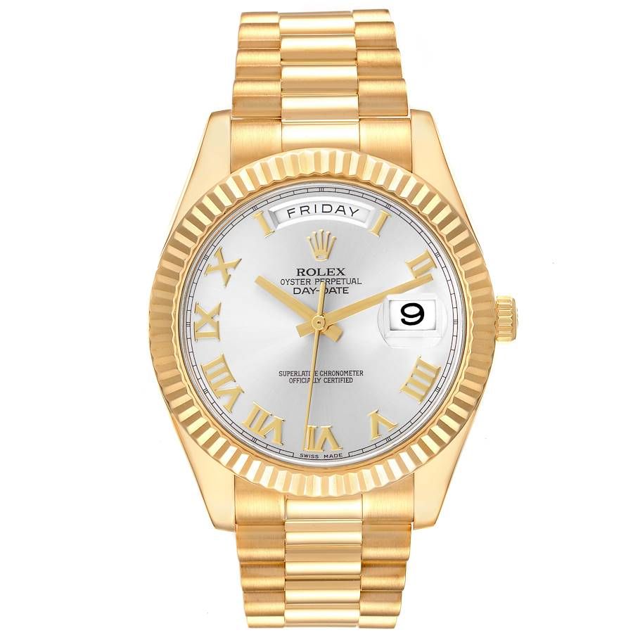 Men's Rolex 41mm Presidential Day-Date II 18K Yellow Gold Watch with Roman Numeral Silver Dial and Fluted Bezel. (Pre-Owned 218238)