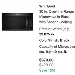 Whirlpool 30 Inch Black Over The Range Microwave With Sensor Cooking (Brand New In Box)