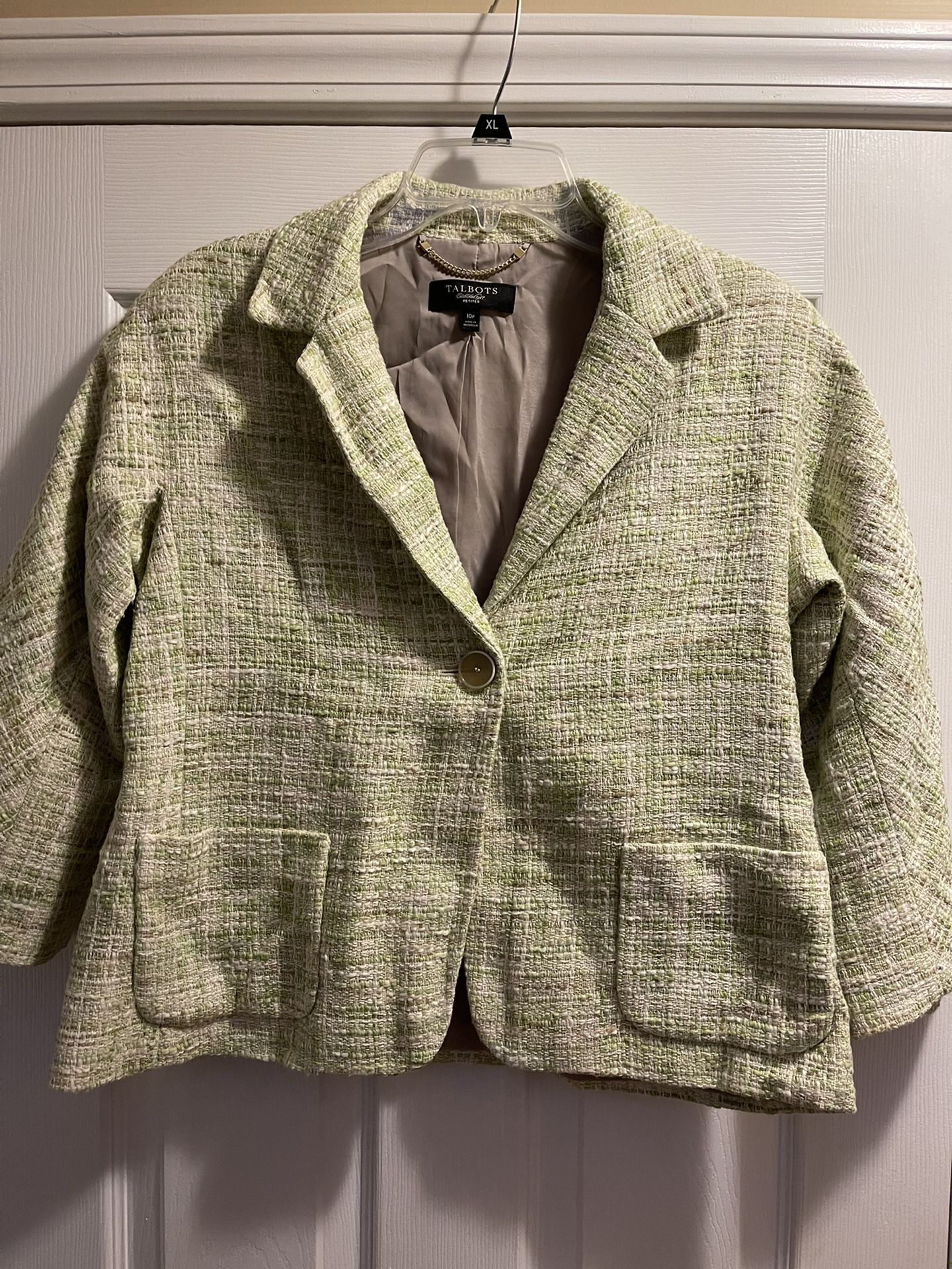 Talbots Womens Lined Blazer Jacket Celery Tweed Wool Blend W/ Pockets SIZE 10p