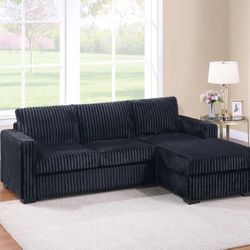 🍀 Sectional Sofa with Chaise, Black Corduroy Fabric, New in the Box.