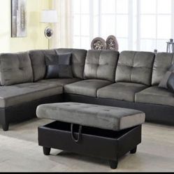 Grey Microfiber Sectional Couch And Ottoman