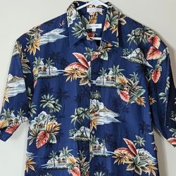 Large Pierre Cardin Mens Shirt  Hawaiian Print Palm Beach Tropical 100% Cotton Blue