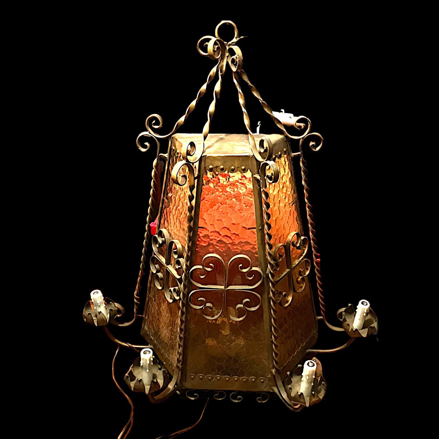 Huge, Gorgeous Mid Century Antique Wrought Iron Hanging Lantern