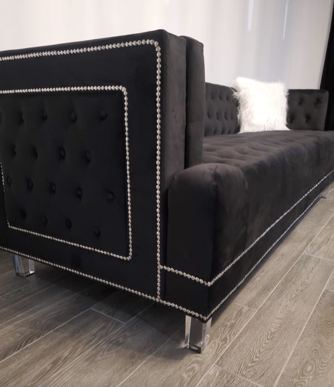 Black Velvet Tufted Sofa Loveseat Set Nailhead Trim Accent Acrylic Legs Fur Pillows Included Brand New In Box Firm Price $1,140,All Products : American Fashion Style Bags On Sale