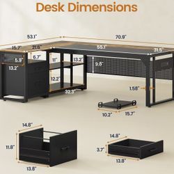 🥨71 in Executive Desk with Power Outlets, Reversible L Shaped Desk with File Drawers & Storage Shelves, Large Office Desk Computer Desk with Pegboard