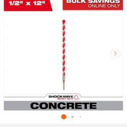 MILWAUKEE CONCRETE SHOCKWAVE 1/2" x 10" x 12" CARBIDE DRILL BIT 