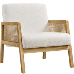 Boucle Fabric Accent Chair, Vintage Rattan Vanity Chair with Wood Armrest and Legs for Living Room Bedroom Makeup Room, Ivory