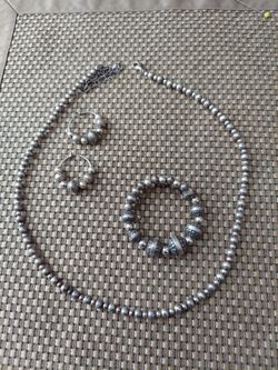 Set Of 3 Pzs Sterling Silver Necklace, Adjustable Bracelet, Earrings (Used)