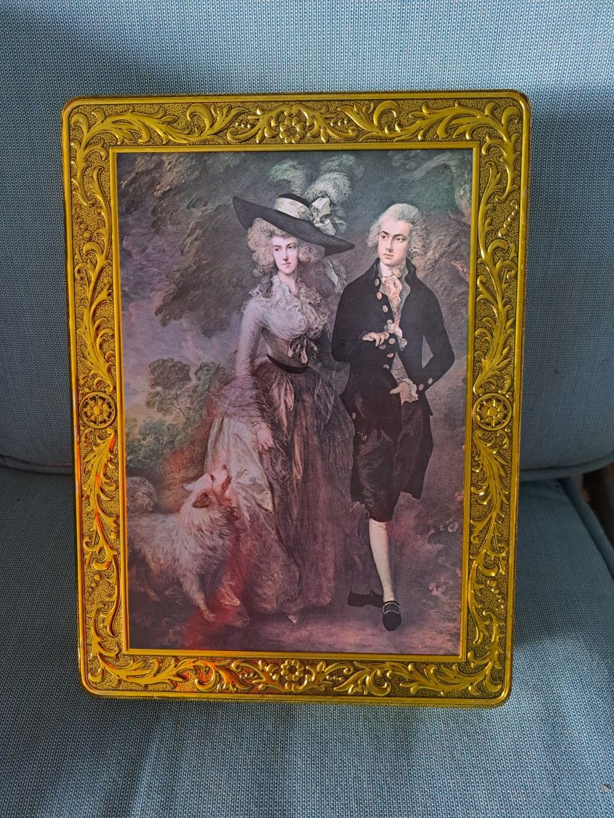 Vintage kalar Strudel Collection Decorative Gold Tin Victorian Couple With Dog on Morning Walk