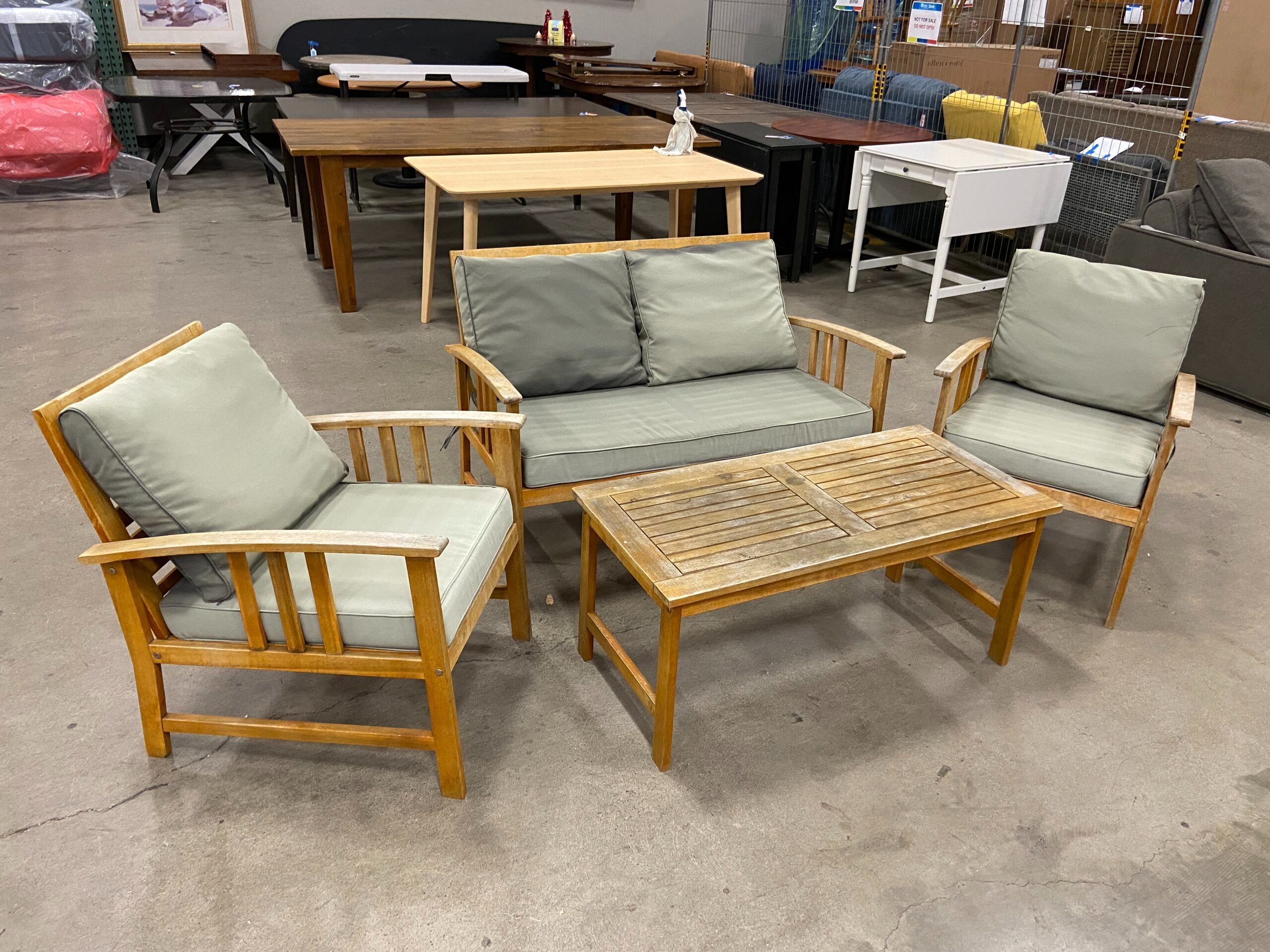 PATIOJOY Outdoor Wooden Garden Party Set with Sage Green Cushions (Set of 4)