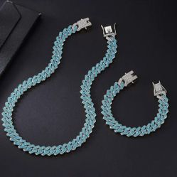 Men's Women's 2-Pcs Fully Iced 14K White Gold Plated Turquoise Zirconia Maimi Cuban Link 20 Inches Necklace And Bracelet Set 