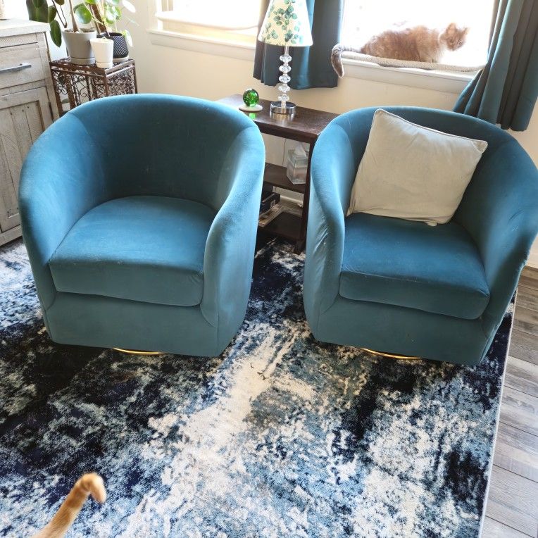 Pair of Teal Velvet Barrel Chairs 