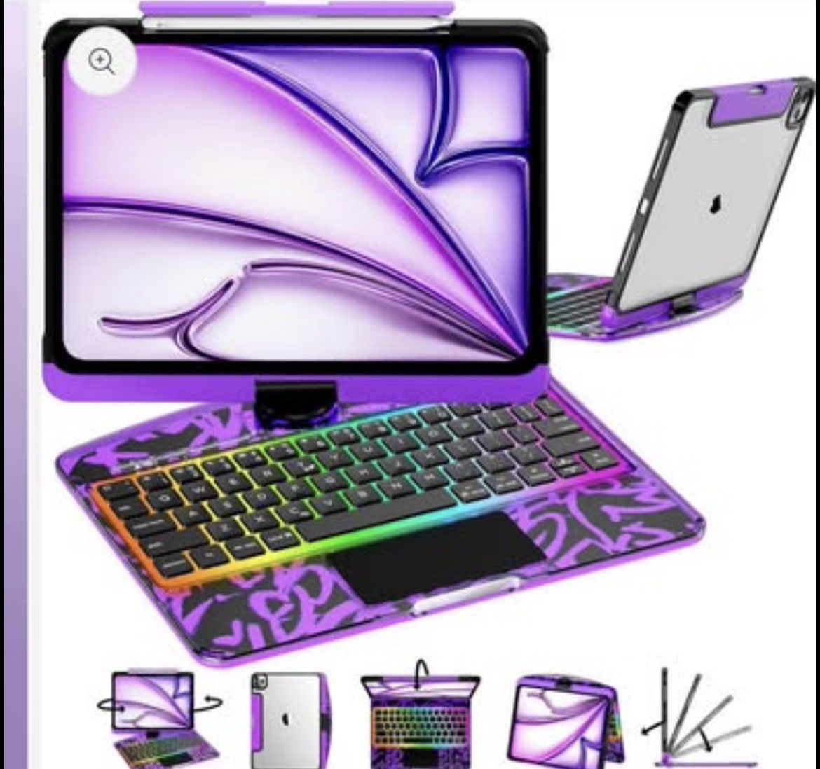 Transparent Keyboard Case for iPad 12.9/13 inch Air6/7/Pro, 360° Rotating Hinge, Full-Size, Purple!