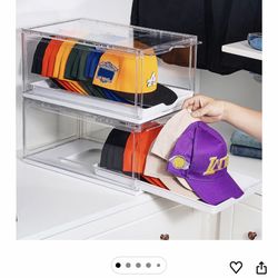 Vtopmart Hat Organizer for Baseball Caps, Clear Hats Holder Box with Drawer, Large Cap Storage with Sliding Tray, Stackable Rack Display Case 