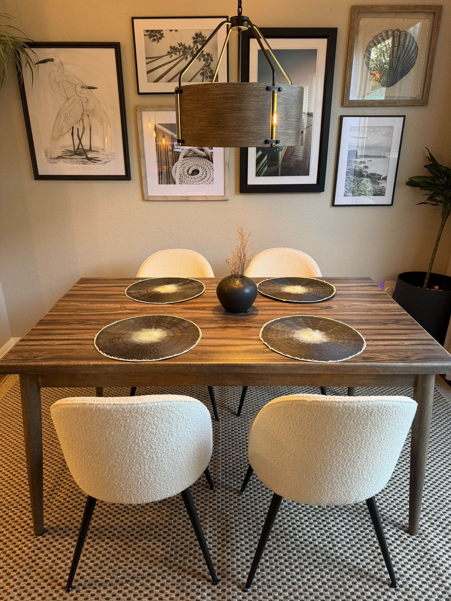 Gorgeous Wood Table and Cream Boucle Dining Chairs