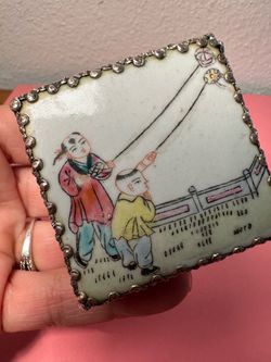 1940's Chinese silver plate, hand painted Enamel kite scene