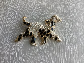 Playful Poodle W/ Golden Tone, Black Enamel & Sparkling White Rhinestones