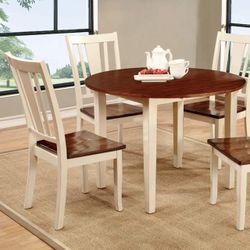 VINTAGE WHITE CHERRY FINISH 5 PIECE ROUND LEAF KITCHEN DINING TABLE SET / COMEDOR MESA SILLAS