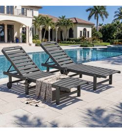 SERWALL Outdoor Chaise Lounge Set of 2, All-Weather HDPE Pool Lounge Chairs with 5-Position Adjustable Backrest, Rolling Wheels & Cup Holder for Pools