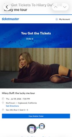 1 Hilary Duff Row 1 Concert Ticket