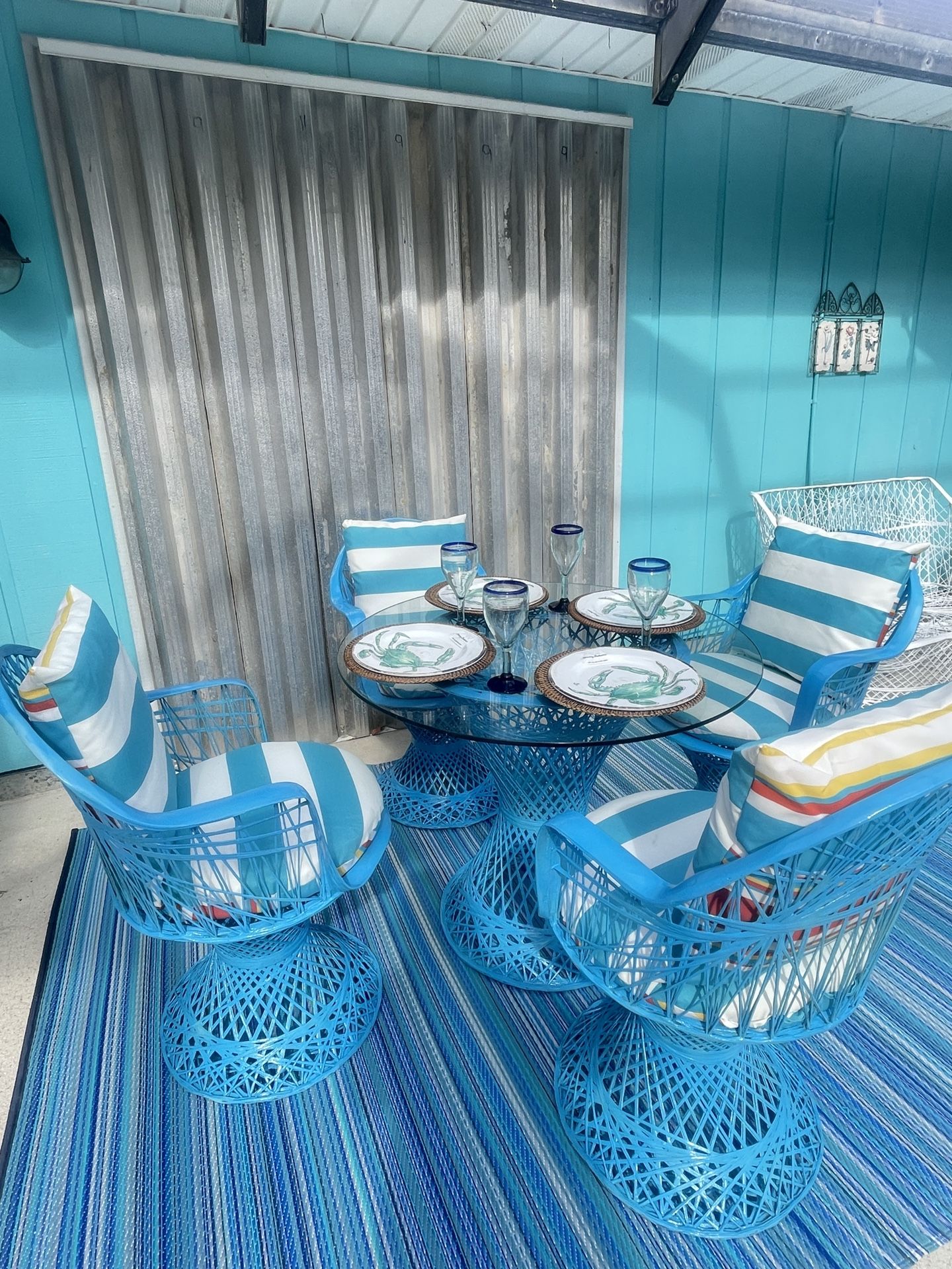 Coastal Woodard Indoor/Outdoor Turquoise Dining Set
